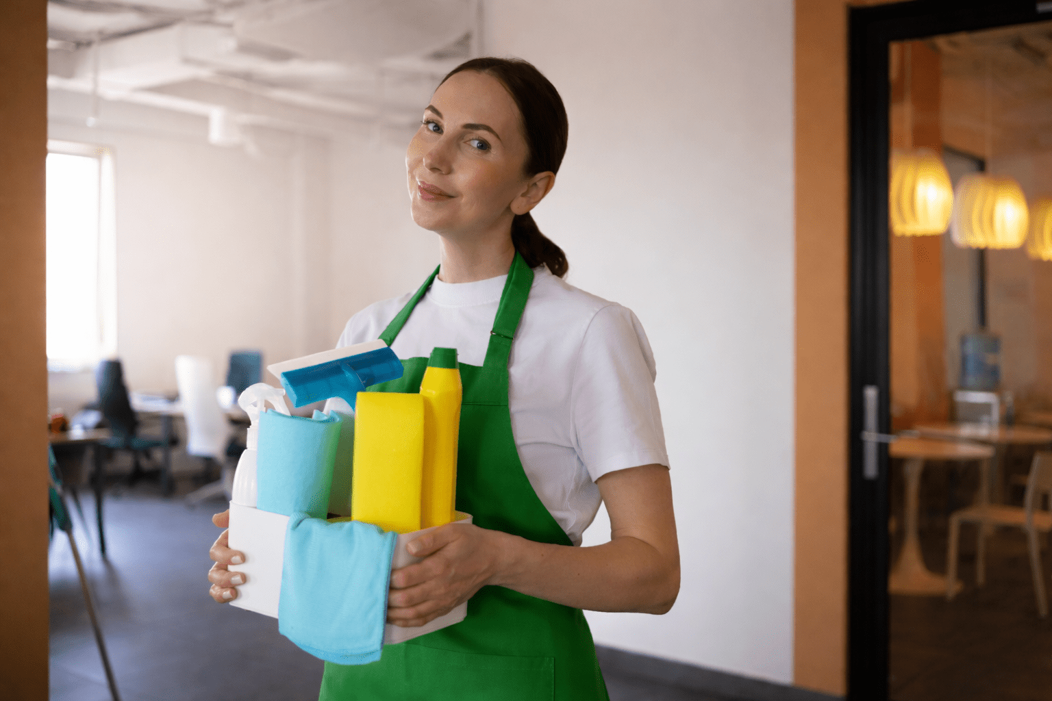 Cleaner holding cleaning supplies and smiling