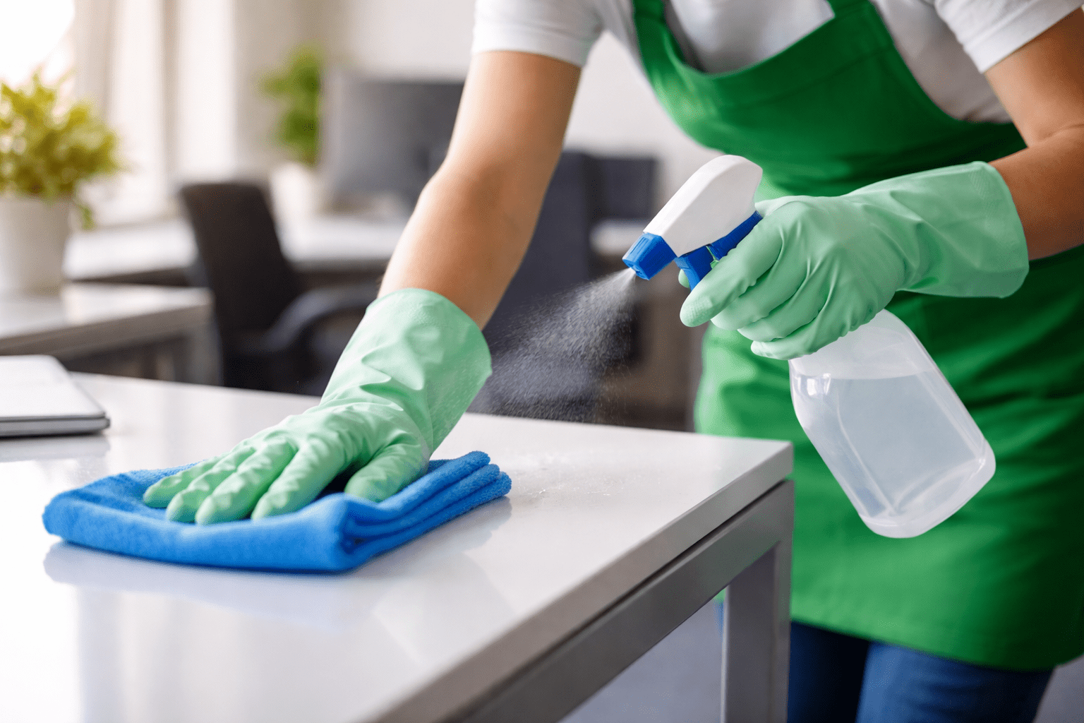 Close-up of cleaner wiping surface with cloth