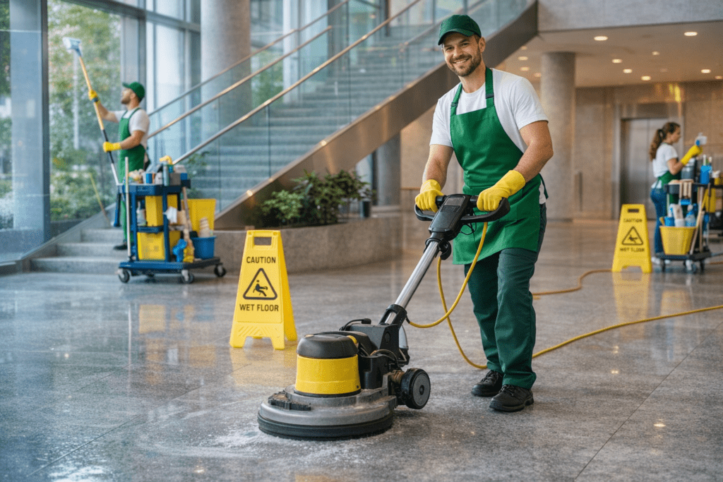 Floor cleaning machine polishing commercial space