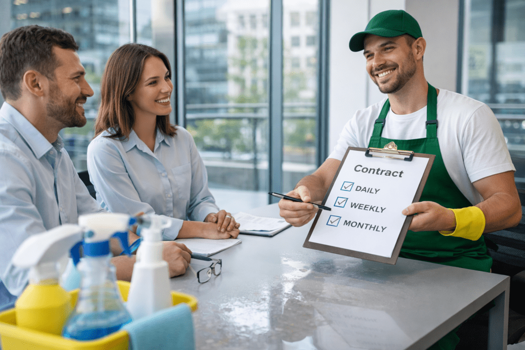 Cleaner discussing service with client and showing contract