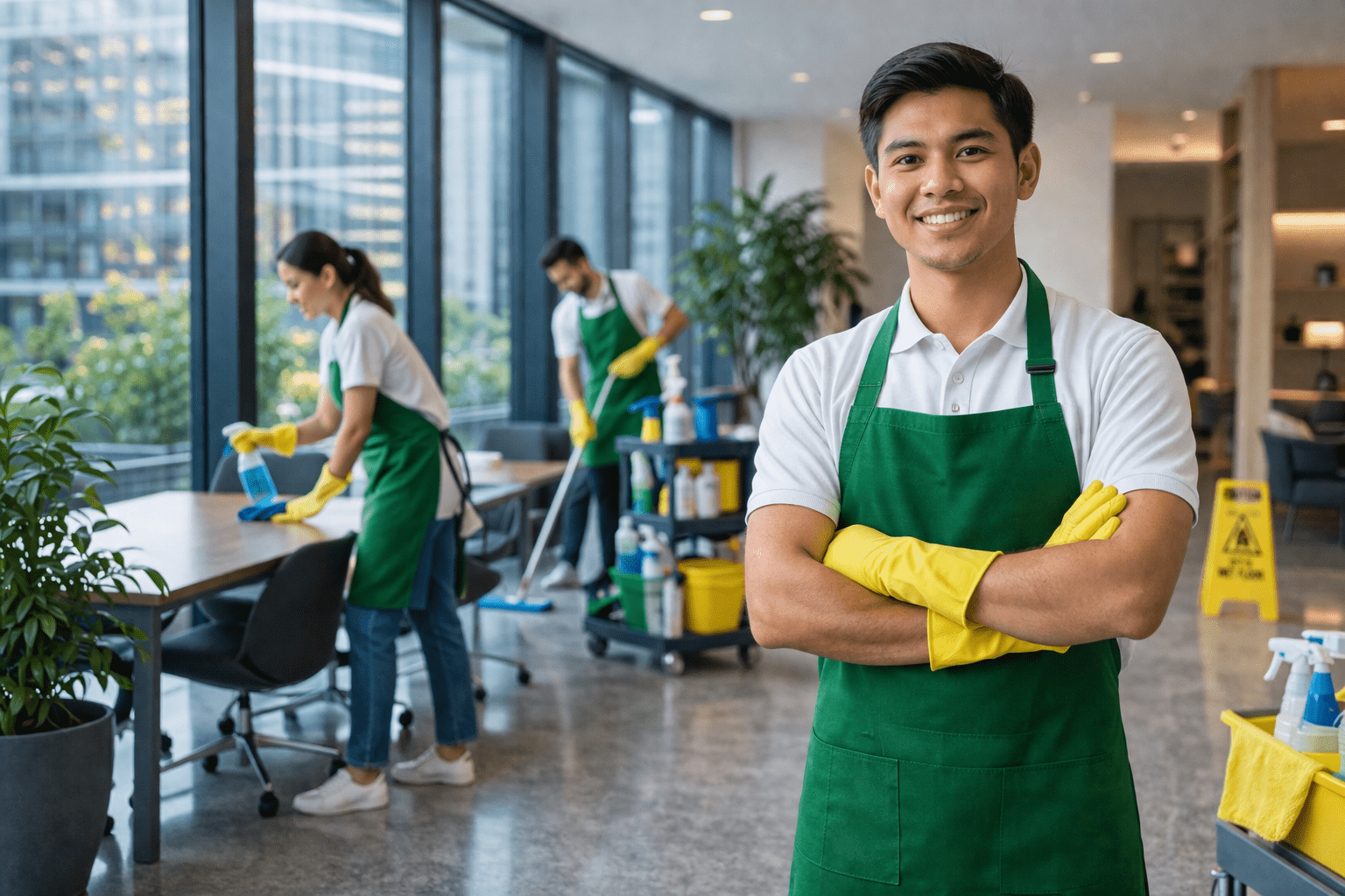 Cleaning staff in uniform inside commercial space