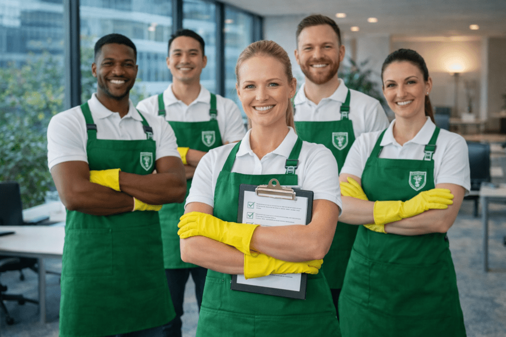Professional janitorial team posing with equipment