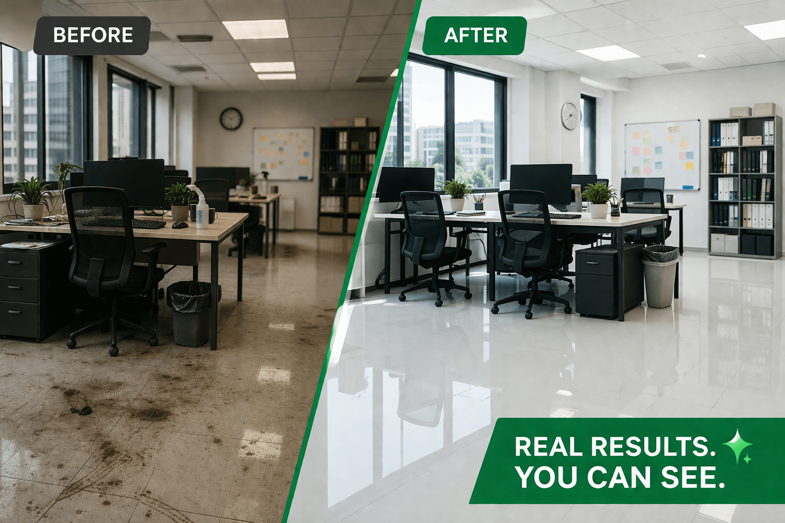 Office cleaning before and after comparison